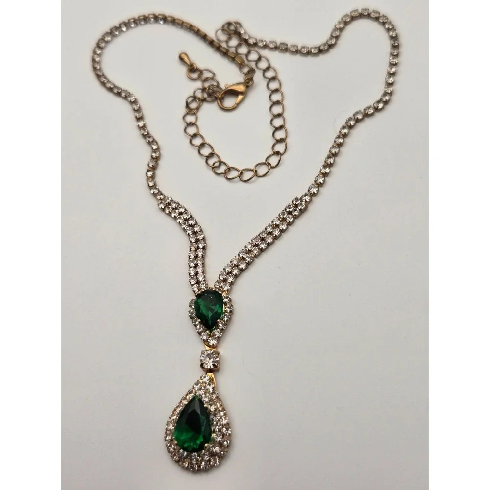 Emerald Green Teardrop‎ Rhinestone Necklace Gold Prom Bridal Pageant Formal Glam